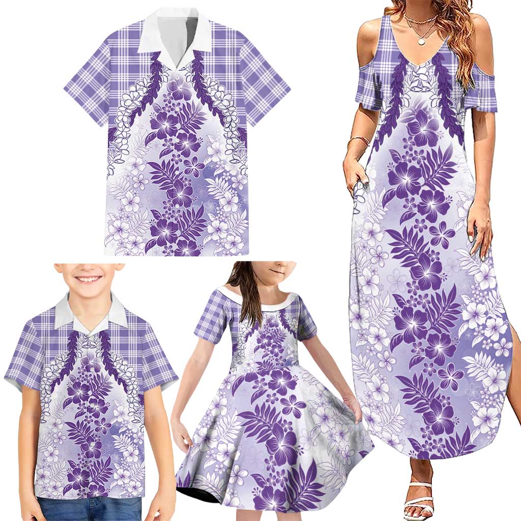 Aloha Hawaii Palaka Family Matching Summer Maxi Dress and Hawaiian Shirt Purple Plumeria Lei - Polynesian Pride