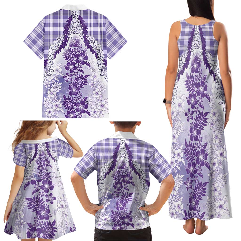 Aloha Hawaii Palaka Family Matching Tank Maxi Dress and Hawaiian Shirt Purple Plumeria Lei - Polynesian Pride