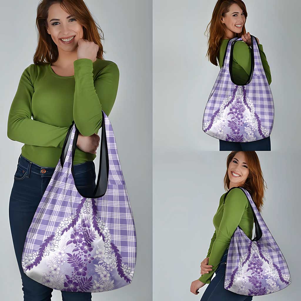 Aloha Hawaii Palaka Grocery Bag Purple Plumeria Lei - Polynesian Pride