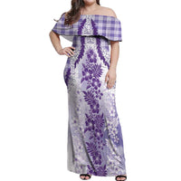 Aloha Hawaii Palaka Off Shoulder Maxi Dress Purple Plumeria Lei - Polynesian Pride