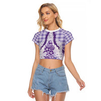 Aloha Hawaii Palaka Raglan Cropped T Shirt Purple Plumeria Lei - Polynesian Pride