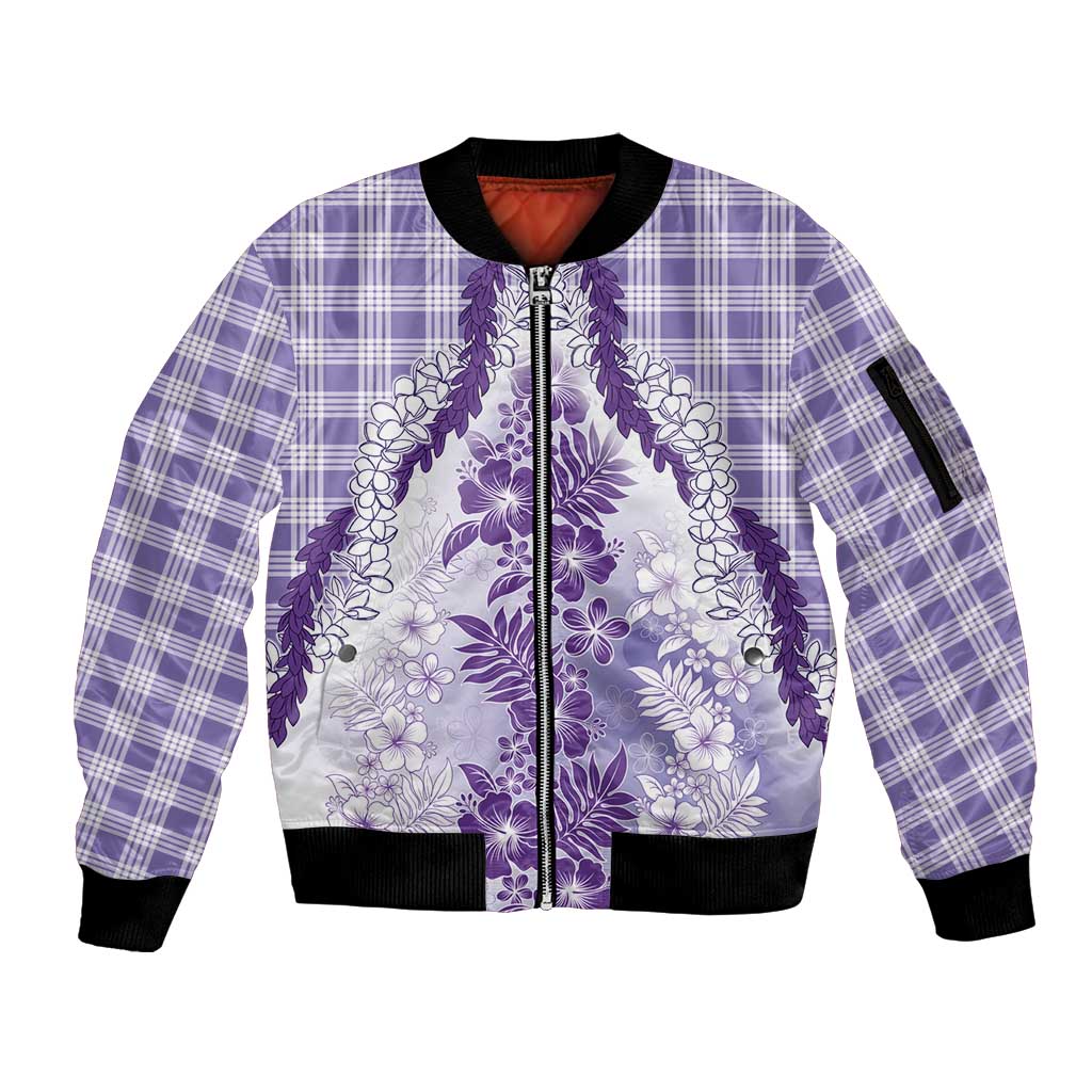 Aloha Hawaii Palaka Sleeve Zip Bomber Jacket Purple Plumeria Lei LT05 Unisex Purple - Polynesian Pride
