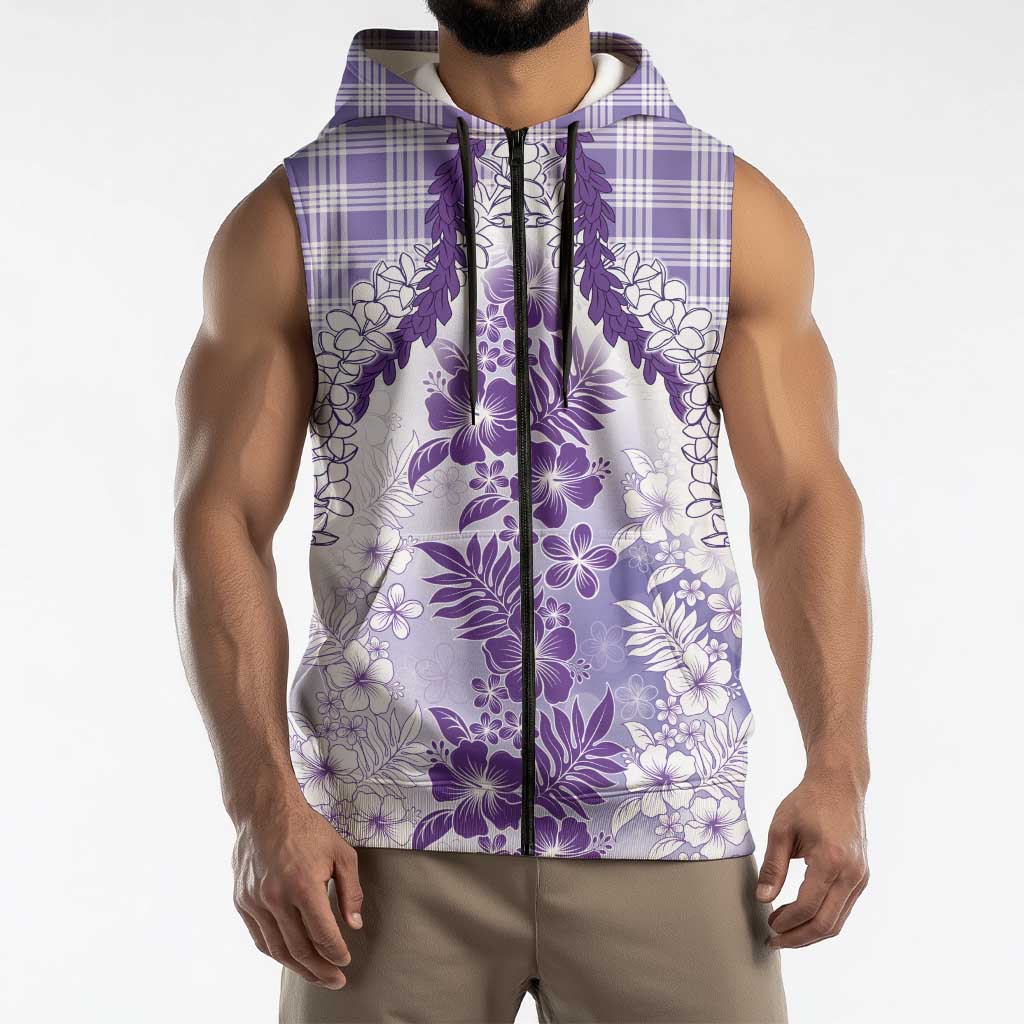 Aloha Hawaii Palaka Sleeveless Zip Hoodie Purple Plumeria Lei LT05