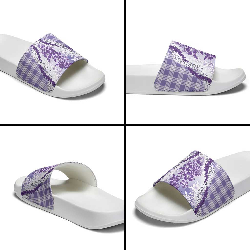 Aloha Hawaii Palaka Slide Sandals Purple Plumeria Lei - Polynesian Pride