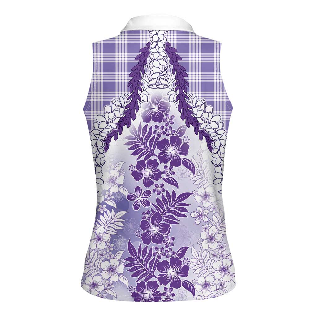 Aloha Hawaii Palaka Women Sleeveless Polo Shirt Purple Plumeria Lei - Polynesian Pride