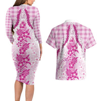 Aloha Hawaii Palaka Couples Matching Long Sleeve Bodycon Dress and Hawaiian Shirt Pink Plumeria Lei - Polynesian Pride