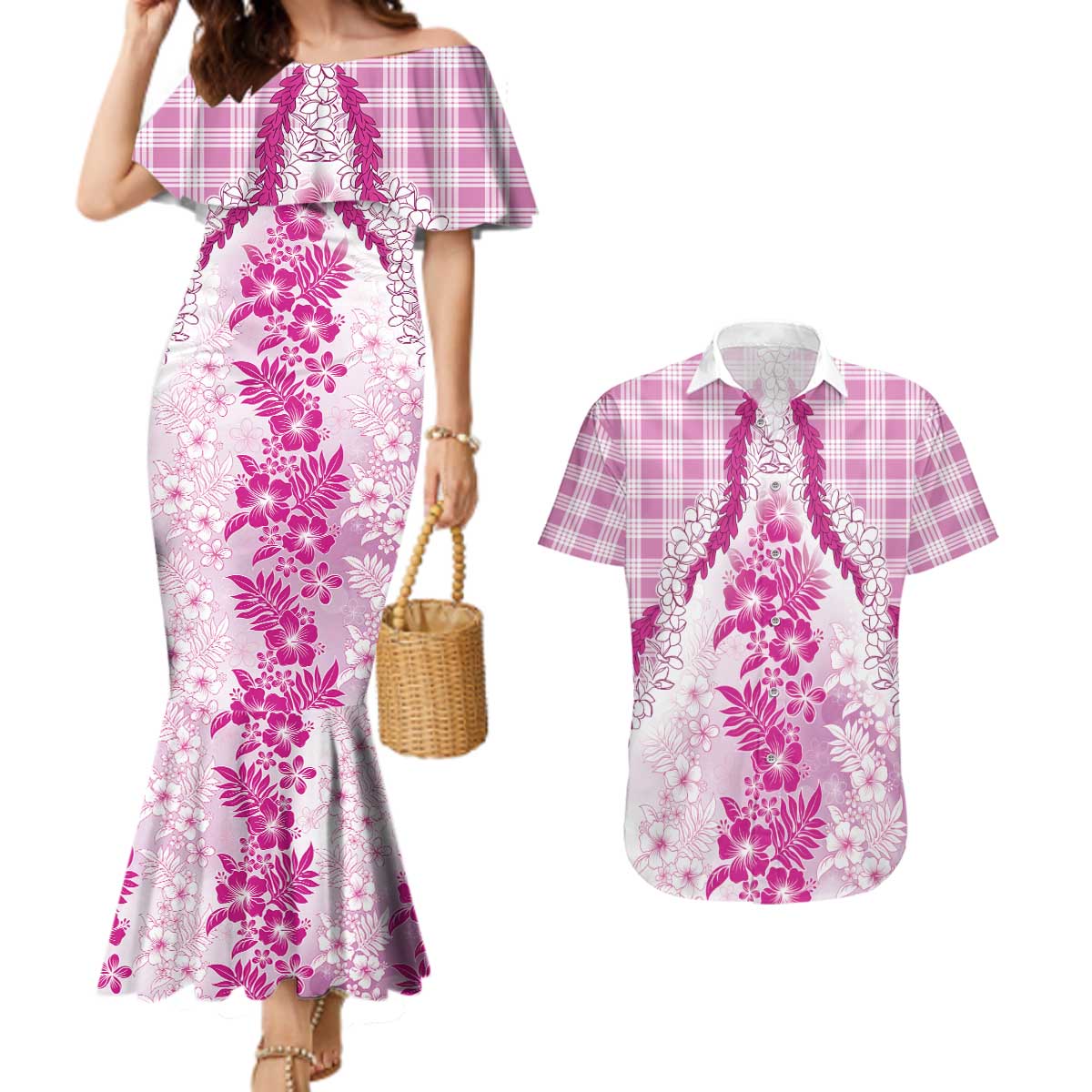 Aloha Hawaii Palaka Couples Matching Mermaid Dress and Hawaiian Shirt Pink Plumeria Lei - Polynesian Pride