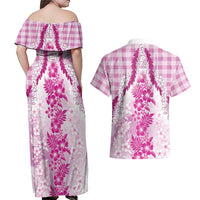Aloha Hawaii Palaka Couples Matching Off Shoulder Maxi Dress and Hawaiian Shirt Pink Plumeria Lei - Polynesian Pride