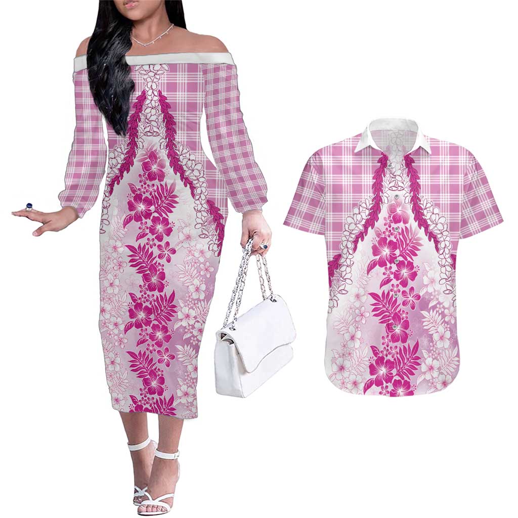 Aloha Hawaii Palaka Couples Matching Off The Shoulder Long Sleeve Dress and Hawaiian Shirt Pink Plumeria Lei - Polynesian Pride