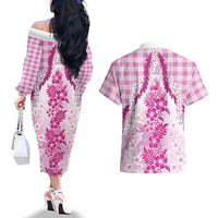 Aloha Hawaii Palaka Couples Matching Off The Shoulder Long Sleeve Dress and Hawaiian Shirt Pink Plumeria Lei - Polynesian Pride