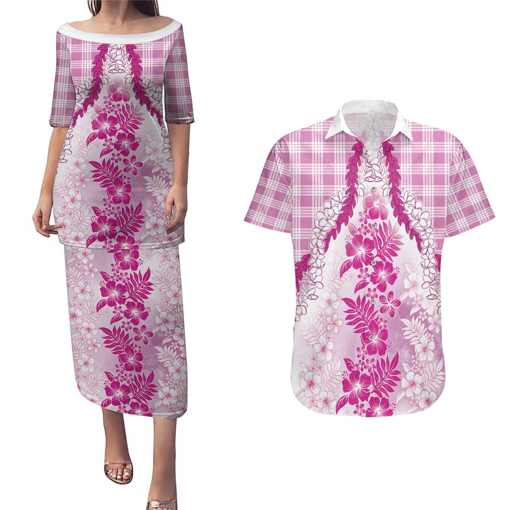 Aloha Hawaii Palaka Couples Matching Puletasi and Hawaiian Shirt Pink Plumeria Lei - Polynesian Pride