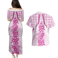 Aloha Hawaii Palaka Couples Matching Puletasi and Hawaiian Shirt Pink Plumeria Lei - Polynesian Pride