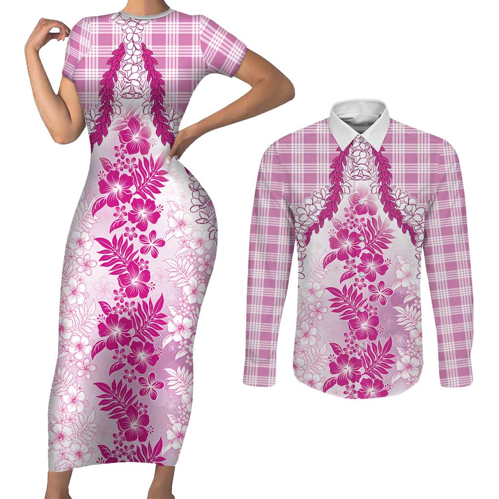 Aloha Hawaii Palaka Couples Matching Short Sleeve Bodycon Dress and Long Sleeve Button Shirt Pink Plumeria Lei - Polynesian Pride