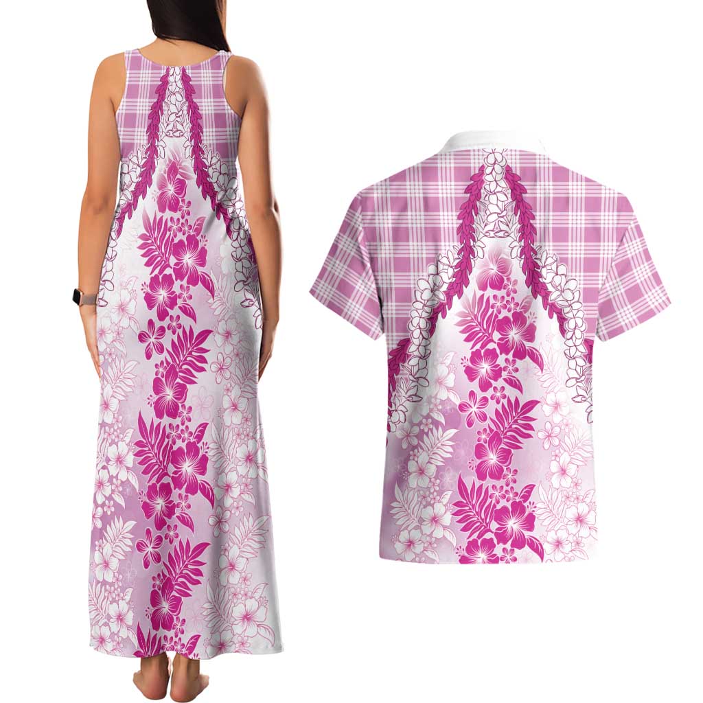 Aloha Hawaii Palaka Couples Matching Tank Maxi Dress and Hawaiian Shirt Pink Plumeria Lei - Polynesian Pride
