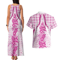 Aloha Hawaii Palaka Couples Matching Tank Maxi Dress and Hawaiian Shirt Pink Plumeria Lei - Polynesian Pride