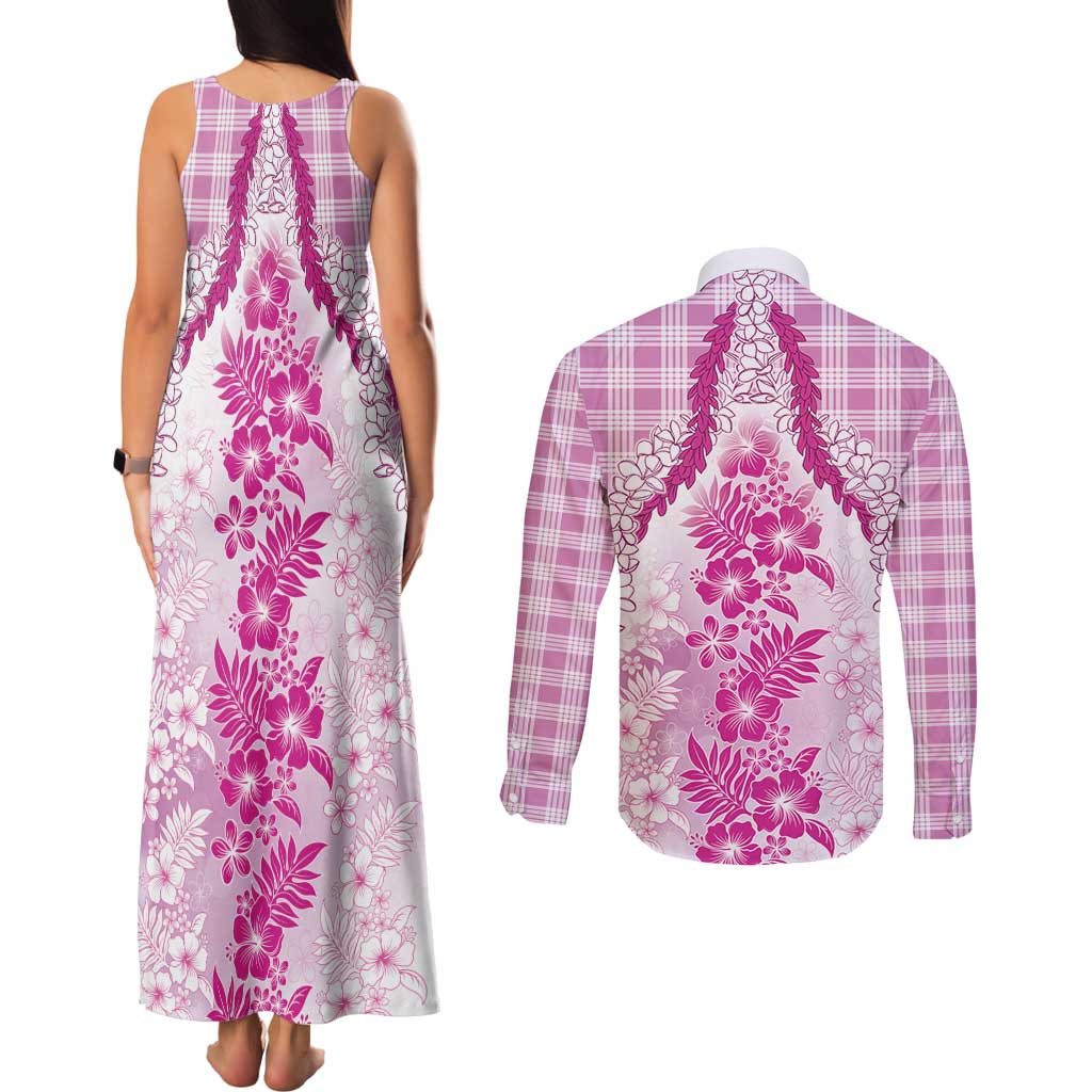Aloha Hawaii Palaka Couples Matching Tank Maxi Dress and Long Sleeve Button Shirt Pink Plumeria Lei - Polynesian Pride