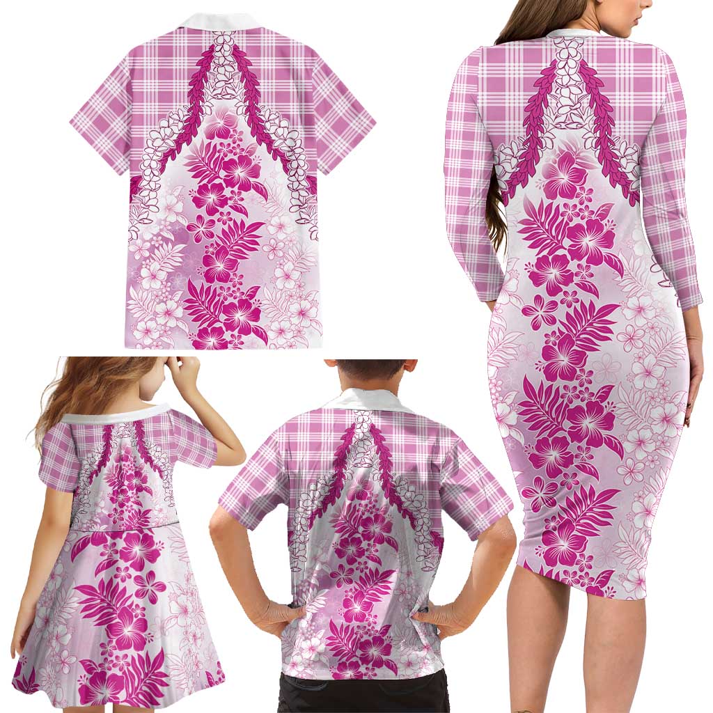 Aloha Hawaii Palaka Family Matching Long Sleeve Bodycon Dress and Hawaiian Shirt Pink Plumeria Lei - Polynesian Pride