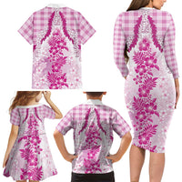 Aloha Hawaii Palaka Family Matching Long Sleeve Bodycon Dress and Hawaiian Shirt Pink Plumeria Lei - Polynesian Pride