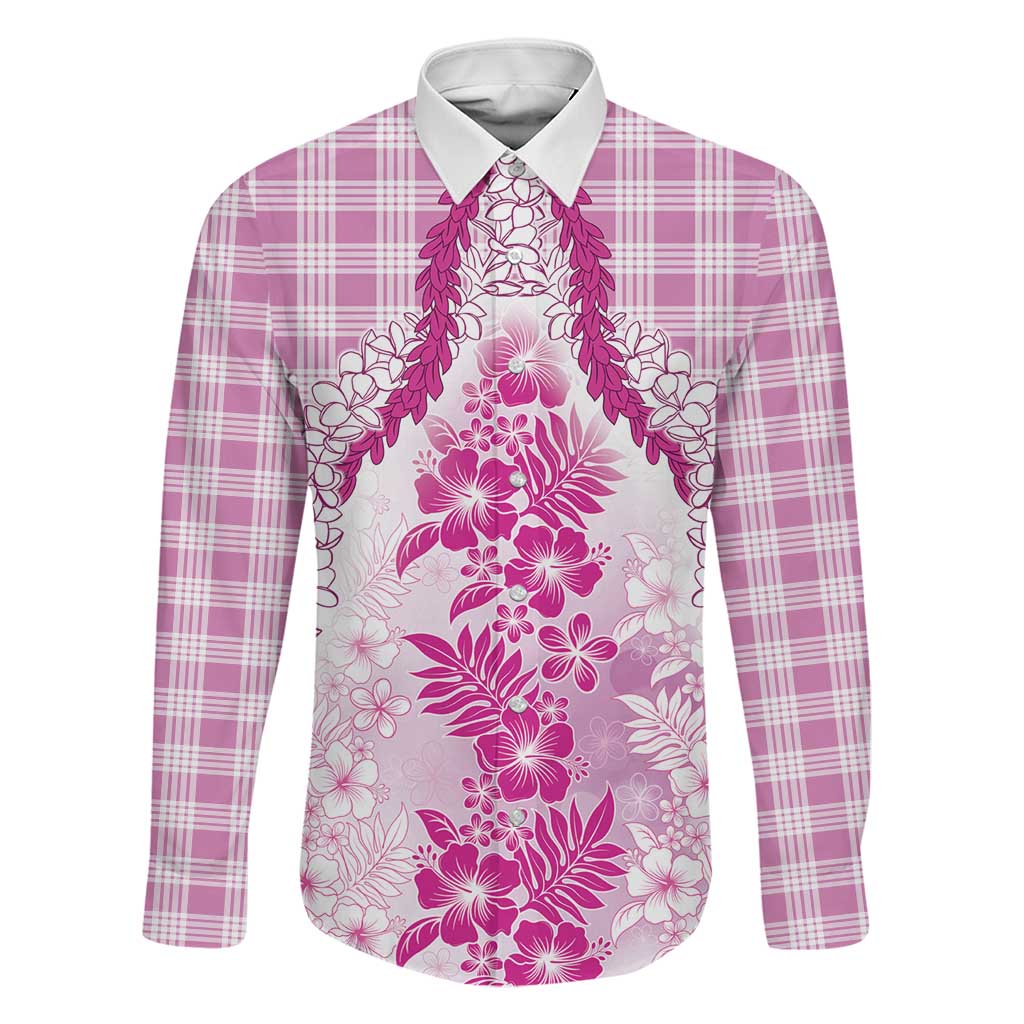 Aloha Hawaii Palaka Family Matching Long Sleeve Bodycon Dress and Hawaiian Shirt Pink Plumeria Lei - Polynesian Pride