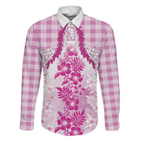 Aloha Hawaii Palaka Family Matching Long Sleeve Bodycon Dress and Hawaiian Shirt Pink Plumeria Lei - Polynesian Pride