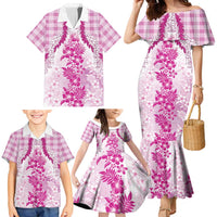 Aloha Hawaii Palaka Family Matching Mermaid Dress and Hawaiian Shirt Pink Plumeria Lei - Polynesian Pride