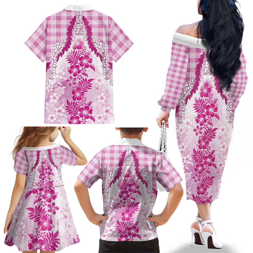 Aloha Hawaii Palaka Family Matching Off The Shoulder Long Sleeve Dress and Hawaiian Shirt Pink Plumeria Lei - Polynesian Pride