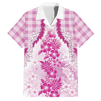 Aloha Hawaii Palaka Family Matching Off The Shoulder Long Sleeve Dress and Hawaiian Shirt Pink Plumeria Lei - Polynesian Pride