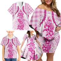 Aloha Hawaii Palaka Family Matching Off Shoulder Short Dress and Hawaiian Shirt Pink Plumeria Lei - Polynesian Pride
