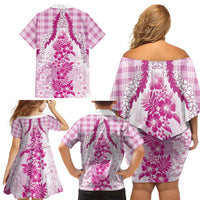 Aloha Hawaii Palaka Family Matching Off Shoulder Short Dress and Hawaiian Shirt Pink Plumeria Lei - Polynesian Pride