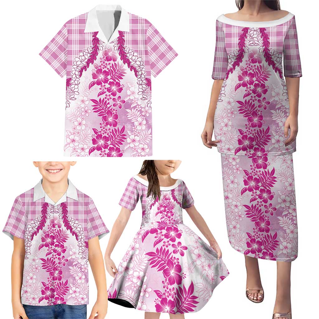 Aloha Hawaii Palaka Family Matching Puletasi and Hawaiian Shirt Pink Plumeria Lei - Polynesian Pride