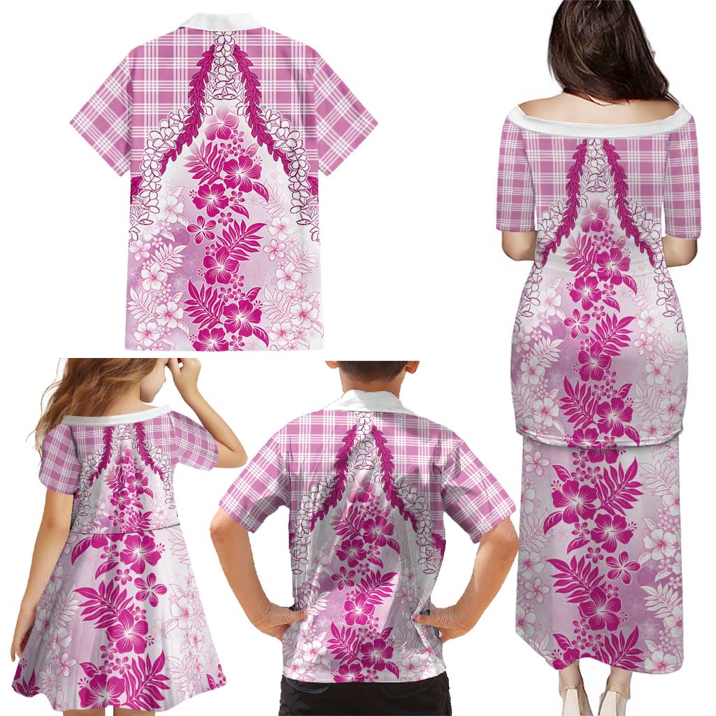 Aloha Hawaii Palaka Family Matching Puletasi and Hawaiian Shirt Pink Plumeria Lei - Polynesian Pride