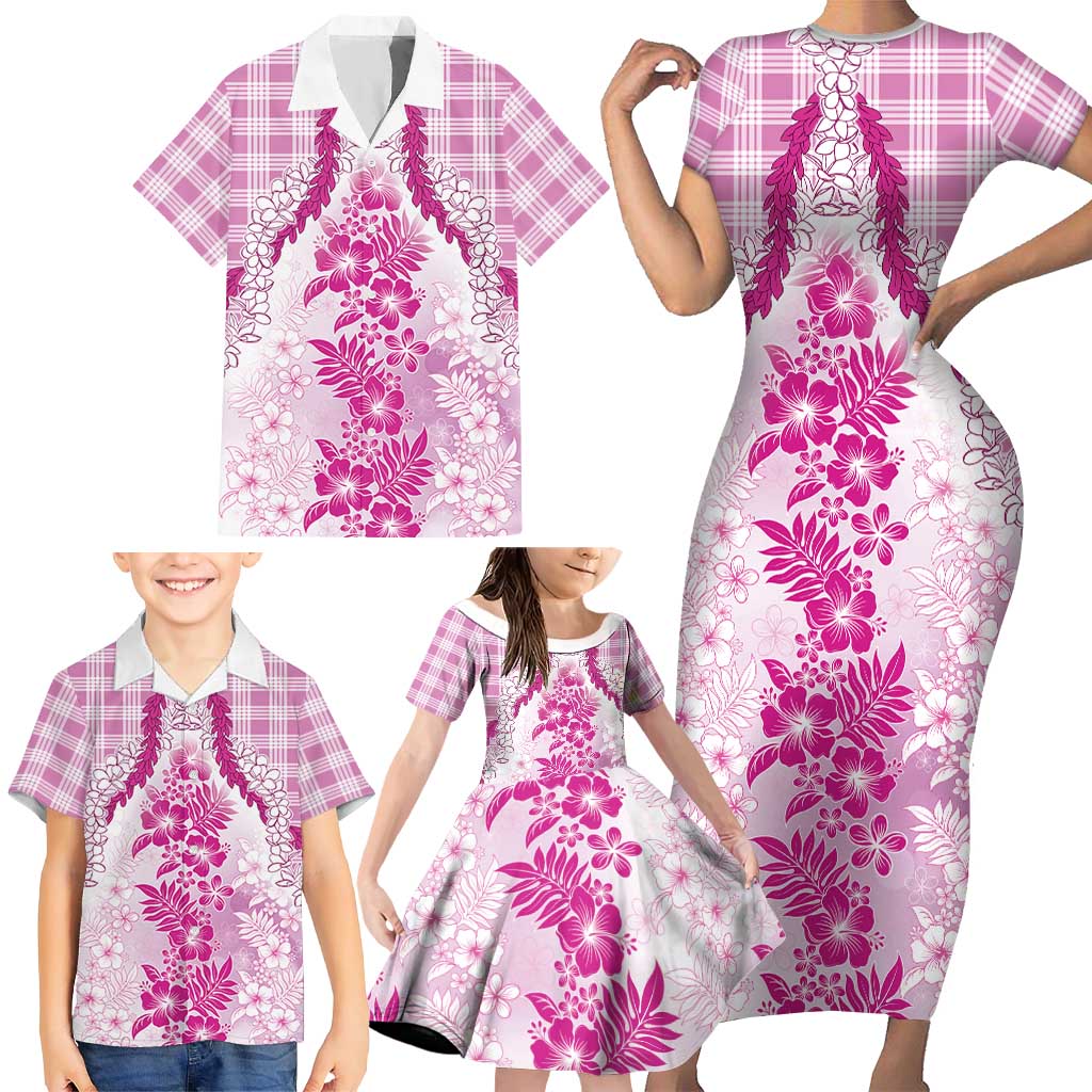 Aloha Hawaii Palaka Family Matching Short Sleeve Bodycon Dress and Hawaiian Shirt Pink Plumeria Lei - Polynesian Pride