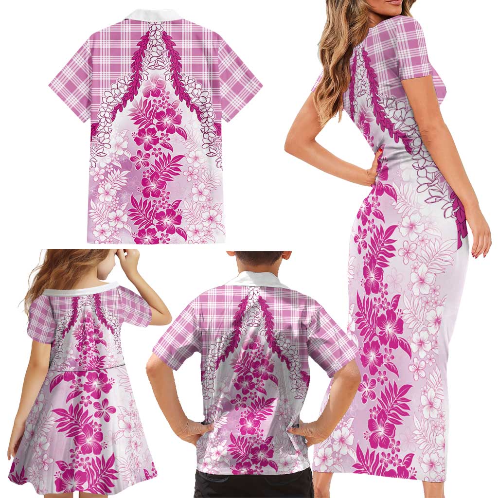 Aloha Hawaii Palaka Family Matching Short Sleeve Bodycon Dress and Hawaiian Shirt Pink Plumeria Lei - Polynesian Pride