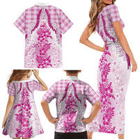 Aloha Hawaii Palaka Family Matching Short Sleeve Bodycon Dress and Hawaiian Shirt Pink Plumeria Lei - Polynesian Pride