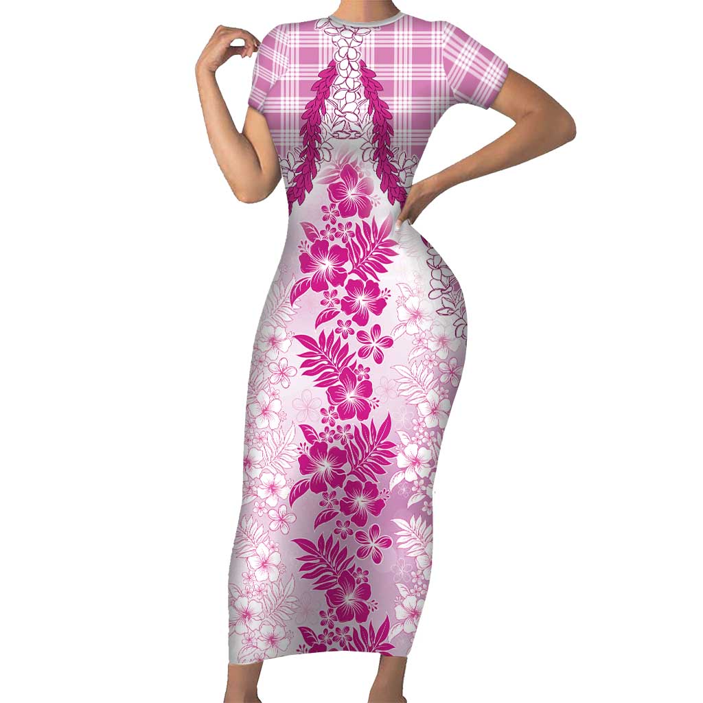 Aloha Hawaii Palaka Family Matching Short Sleeve Bodycon Dress and Hawaiian Shirt Pink Plumeria Lei - Polynesian Pride