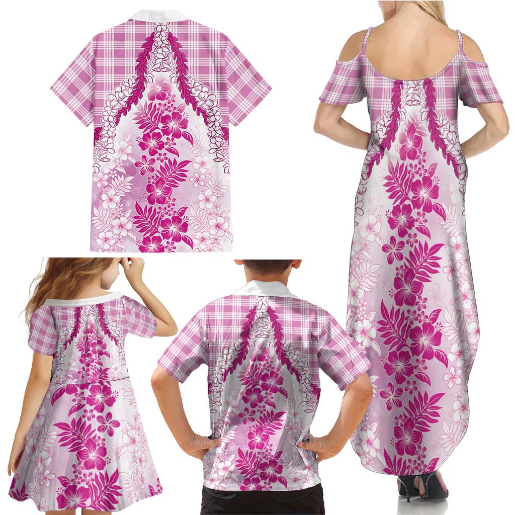 Aloha Hawaii Palaka Family Matching Summer Maxi Dress and Hawaiian Shirt Pink Plumeria Lei - Polynesian Pride