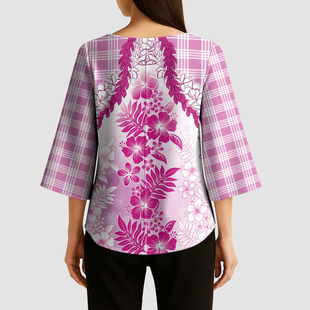 Aloha Hawaii Palaka Kimono Sleeve Blouse Pink Plumeria Lei LT05 - Polynesian Pride