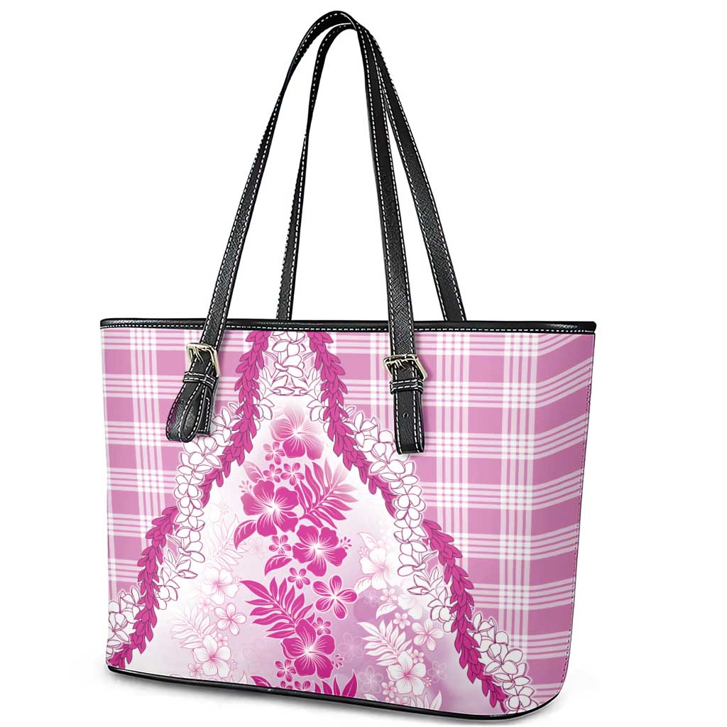 Aloha Hawaii Palaka Leather Tote Bag Pink Plumeria Lei - Polynesian Pride