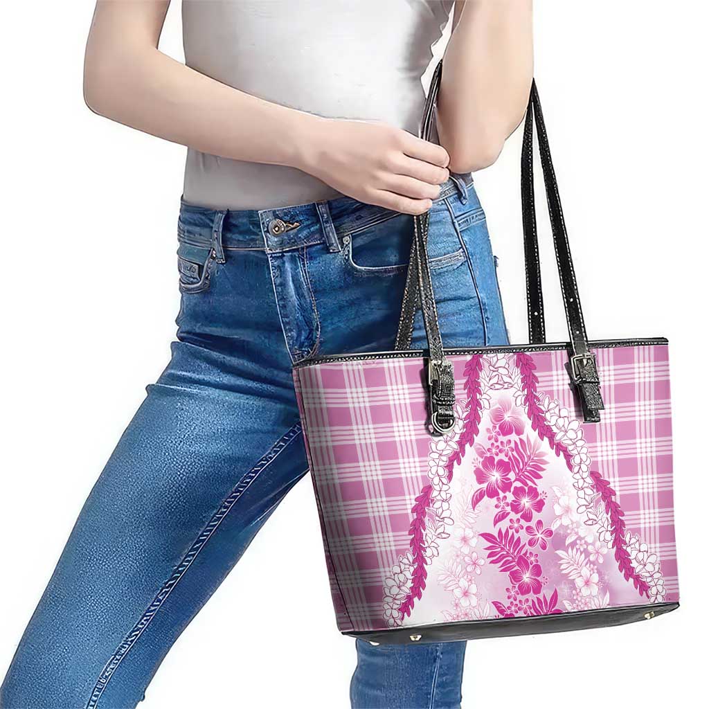Aloha Hawaii Palaka Leather Tote Bag Pink Plumeria Lei - Polynesian Pride