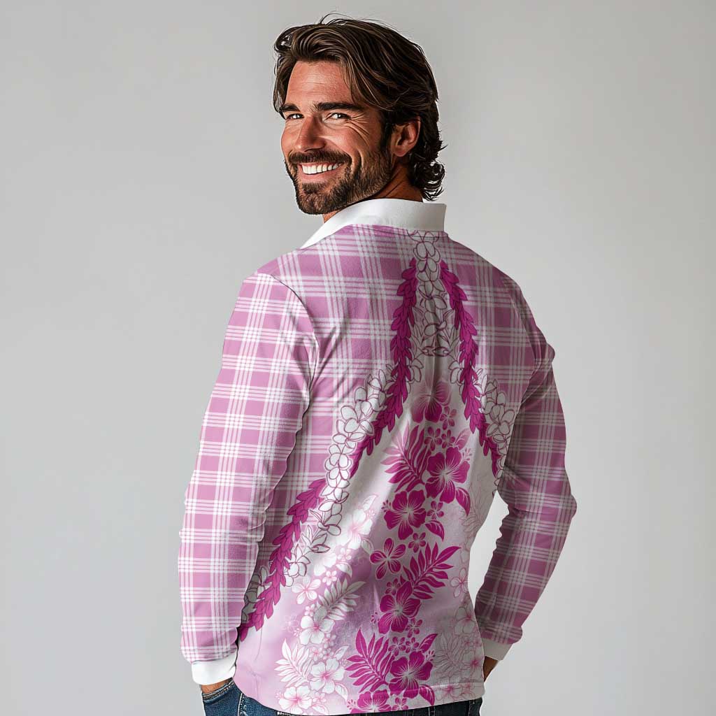 Aloha Hawaii Palaka Long Sleeve Polo Shirt Pink Plumeria Lei - Polynesian Pride