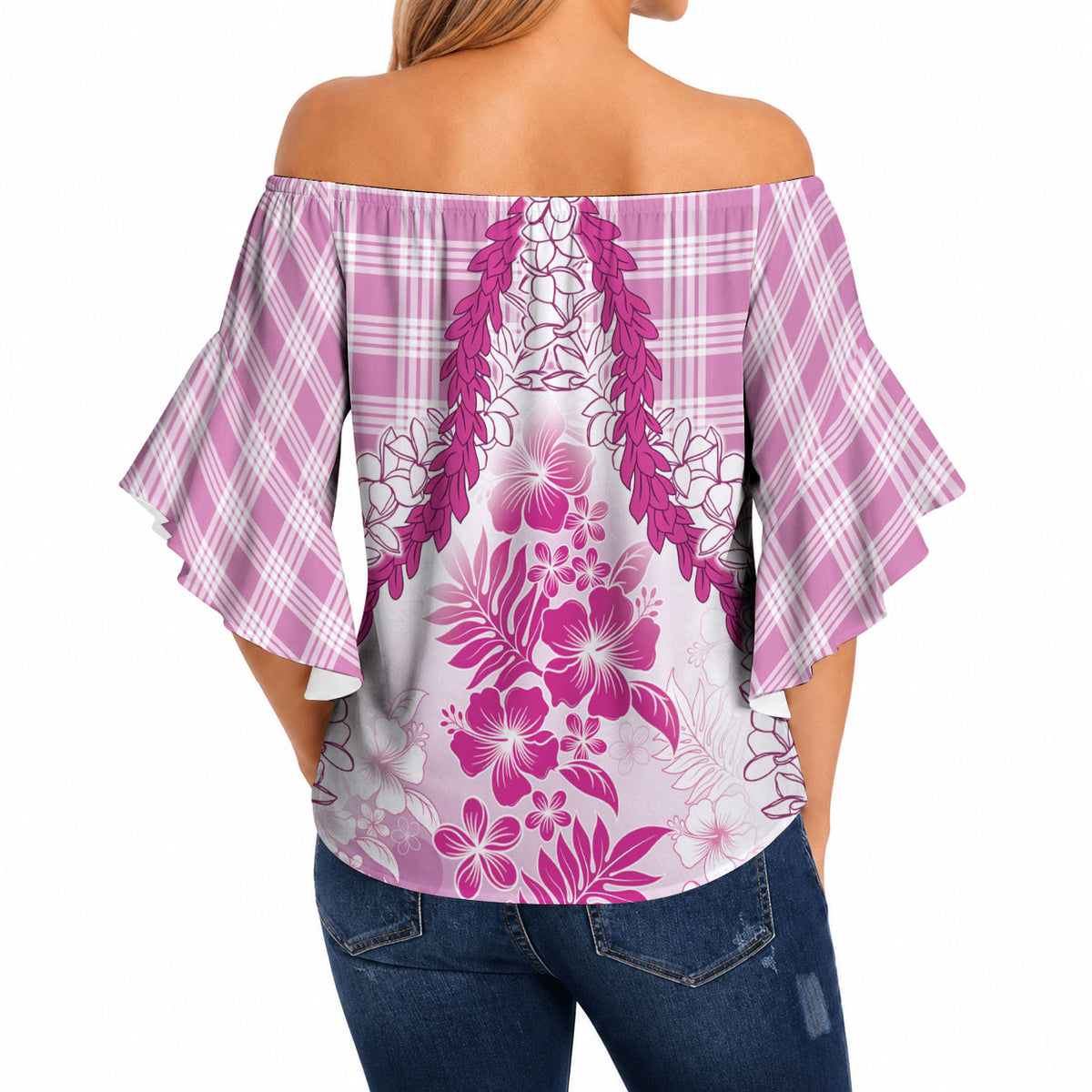 Aloha Hawaii Palaka Off Shoulder Wrap Waist Top Pink Plumeria Lei LT05 - Polynesian Pride