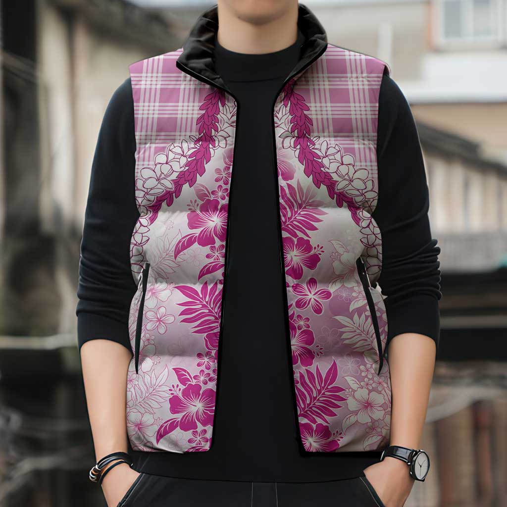 Aloha Hawaii Palaka Sleeveless Puffer Jacket Pink Plumeria Lei - Polynesian Pride