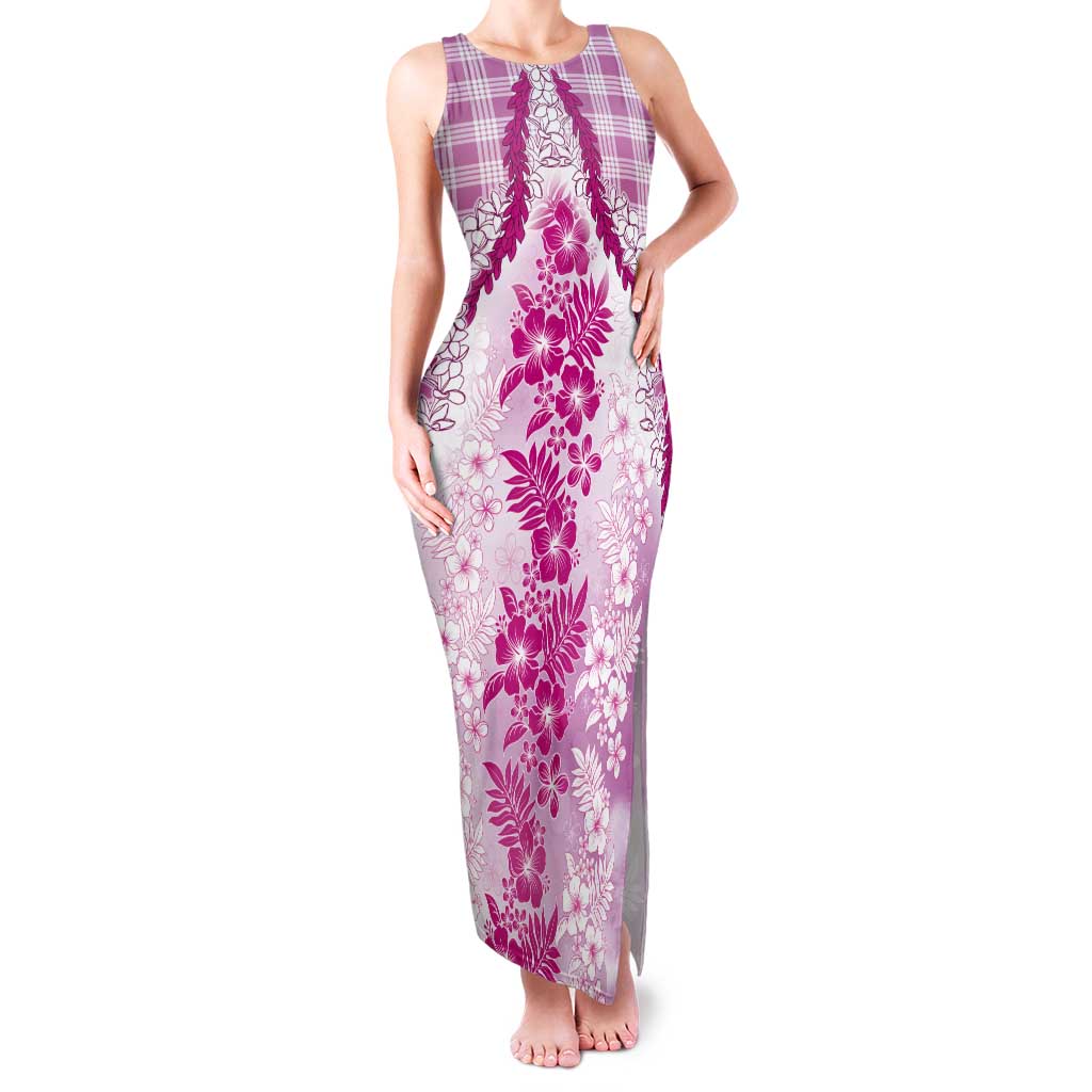 Aloha Hawaii Palaka Tank Maxi Dress Pink Plumeria Lei - Polynesian Pride