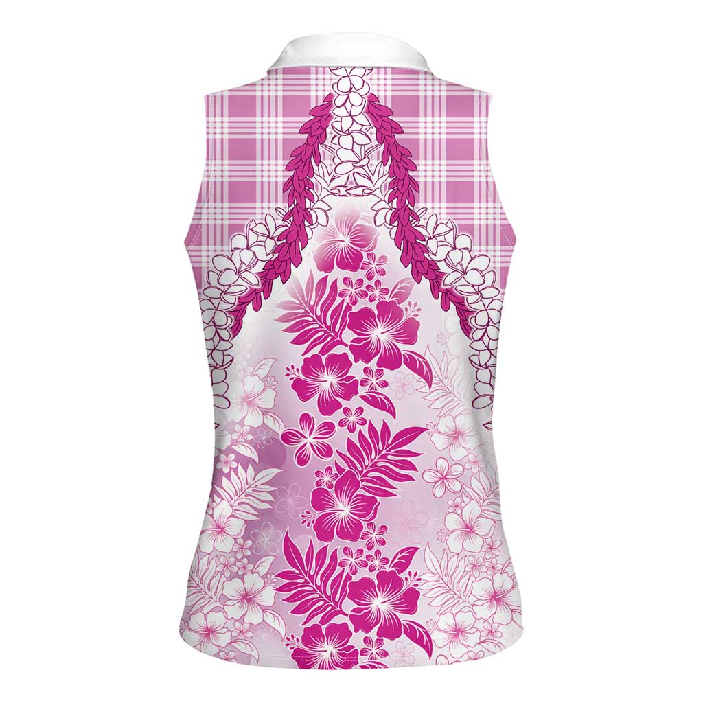 Aloha Hawaii Palaka Women Sleeveless Polo Shirt Pink Plumeria Lei - Polynesian Pride