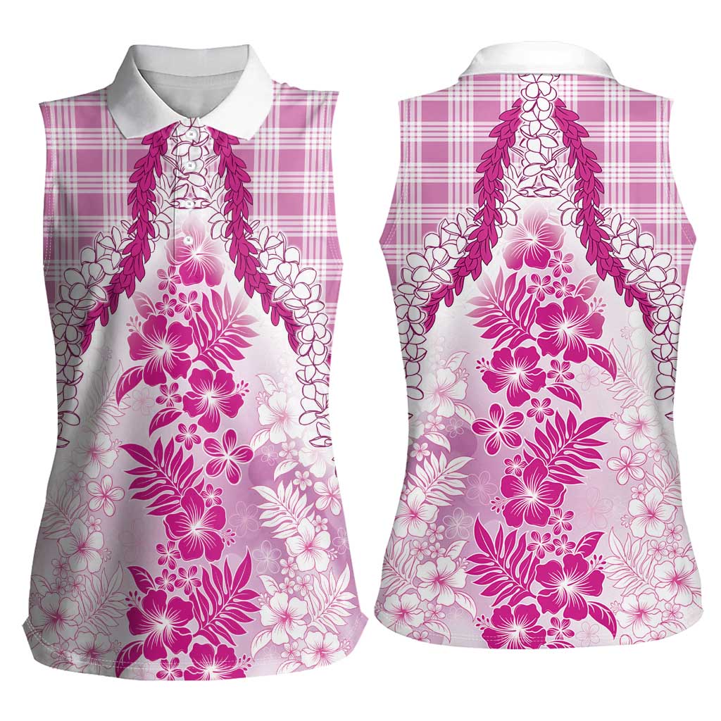Aloha Hawaii Palaka Women Sleeveless Polo Shirt Pink Plumeria Lei - Polynesian Pride