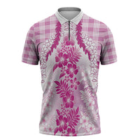 Aloha Hawaii Palaka Zipper Polo Shirt Pink Plumeria Lei - Polynesian Pride