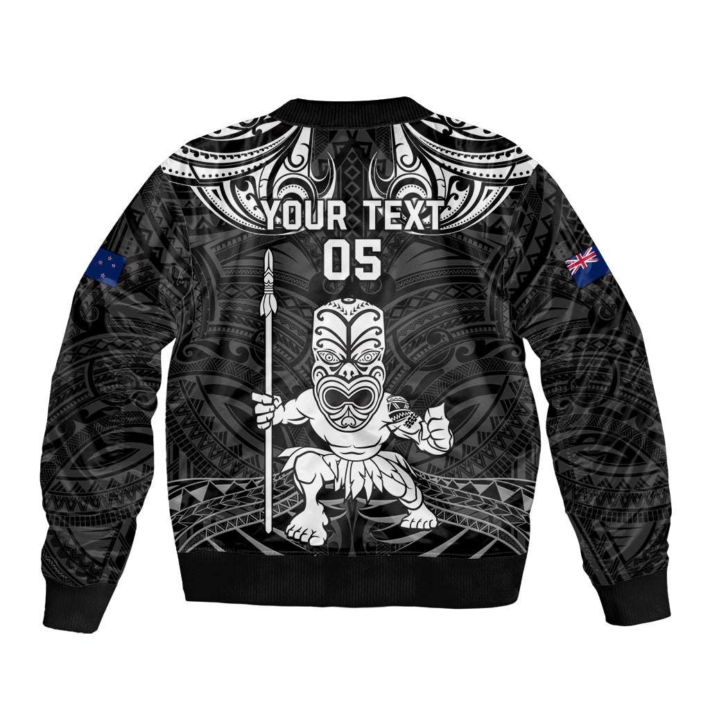 Custom New Zealand Maori Taiaha Sleeve Zip Bomber Jacket Tiki Warrior Black LT05 - Polynesian Pride