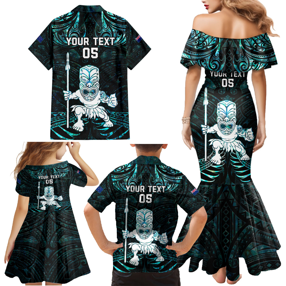 Custom New Zealand Maori Taiaha Family Matching Mermaid Dress and Hawaiian Shirt Tiki Warrior Paua Shell LT05 - Polynesian Pride