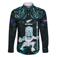 Custom New Zealand Maori Taiaha Family Matching Tank Maxi Dress and Hawaiian Shirt Tiki Warrior Paua Shell LT05 Dad's Shirt - Long Sleeve Black - Polynesian Pride