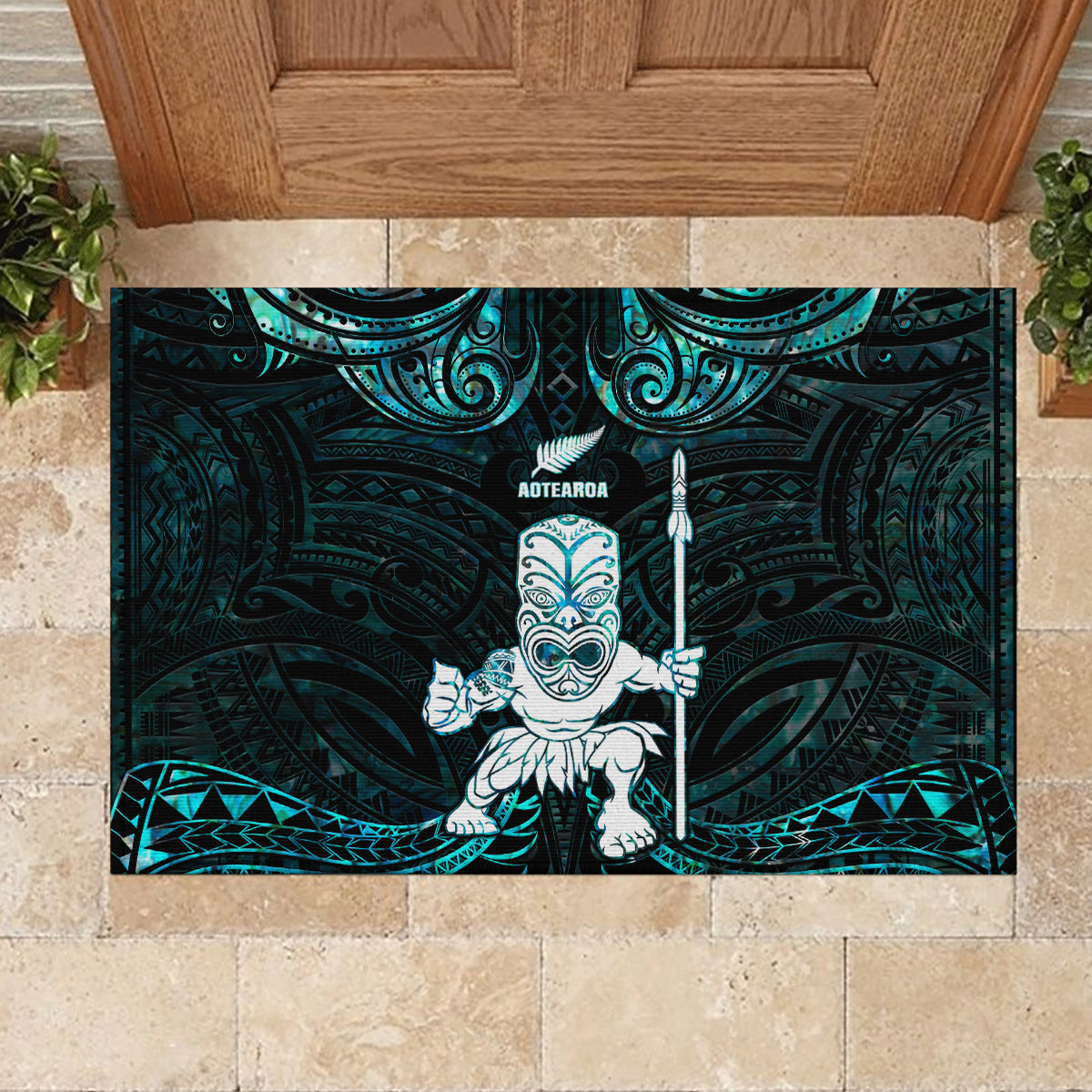 New Zealand Maori Taiaha Rubber Doormat Tiki Warrior Paua Shell LT05 - Polynesian Pride